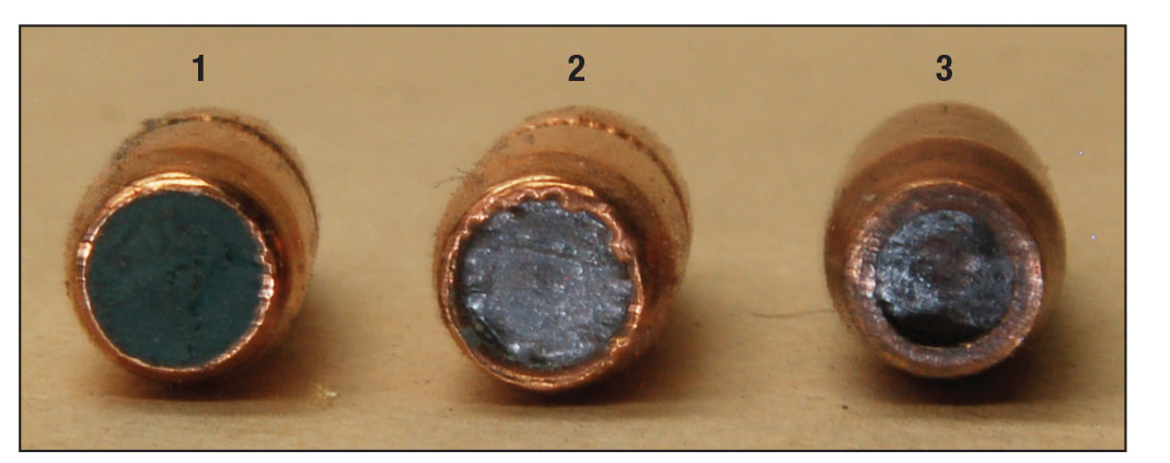 Disassembled military ammunition always yields surprises. The 5.45x39mm bullet (1) has core flush with rear of jacket, but in (2) the core is .035 inch short and (3) is .110 inch short.